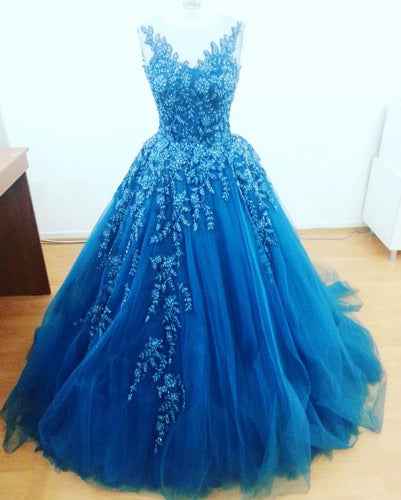 V Neck Tulle Prom Dresses Pageant Gowns with Appliques