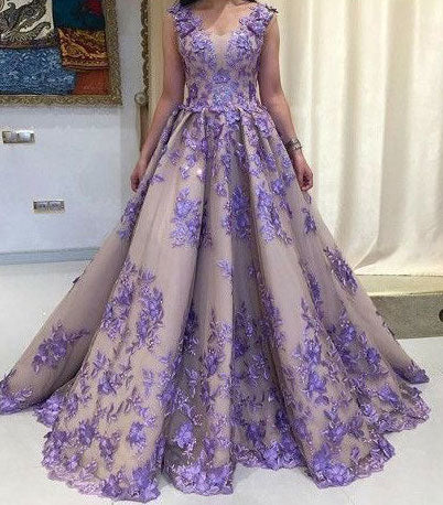 V Neck Long Prom Dresses with Purple Appliques