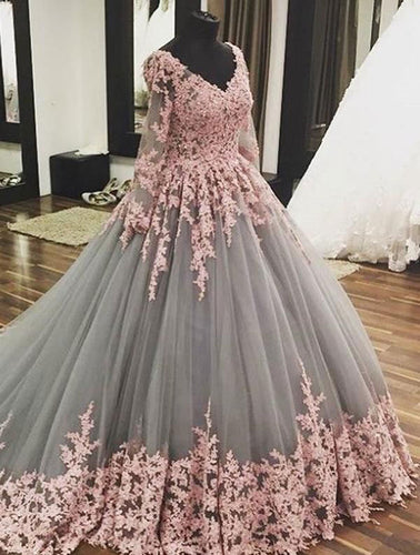Ball Gown V Neck Prom Dresses with Sleeves Appliques