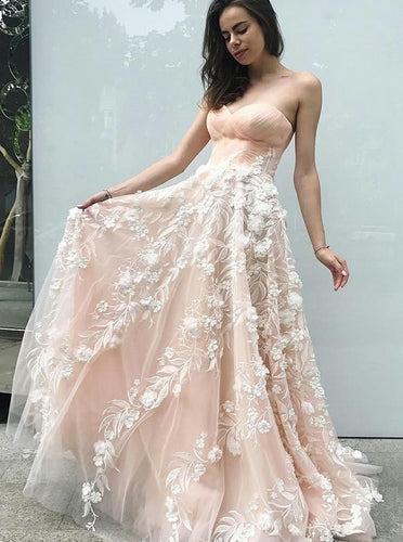 Strapless Pear Pink Prom Dresses with Appliques