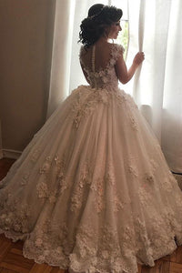 Sheer Neck Cap Sleeves Wedding Dresses Bridal Gowns with 3D Flowers