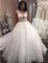 Load image into Gallery viewer, Sheer Neck Wedding Dresses Bridal Gowns with 3d Flowers