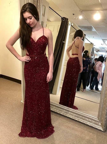 Spaghetti Straps Sequins Burgundy Long Prom Dresses for Women