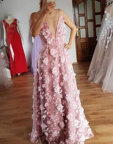 Deep V Neck Spaghetti Straps Long Prom Dresses with 3D Flowers