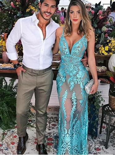 Deep V Neck Long Prom Dresses with Lace Appliques