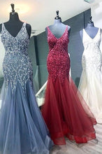 Load image into Gallery viewer, V Neck Long Prom Dresses with Appliques Beaded