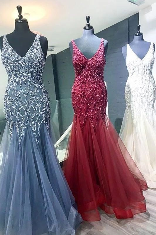 V Neck Long Prom Dresses with Appliques Beaded