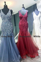 Load image into Gallery viewer, V Neck Long Prom Dresses with Appliques Beaded