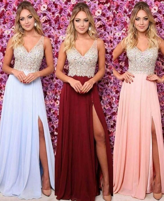 Sparkly A Line V Neck Long Prom Dresses with Rhinestones