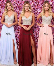 Charger l&#39;image dans la galerie, Sparkly A Line V Neck Long Prom Dresses with Rhinestones