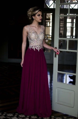 V Neck Long Prom Dresses with Sparkly Rhinestones