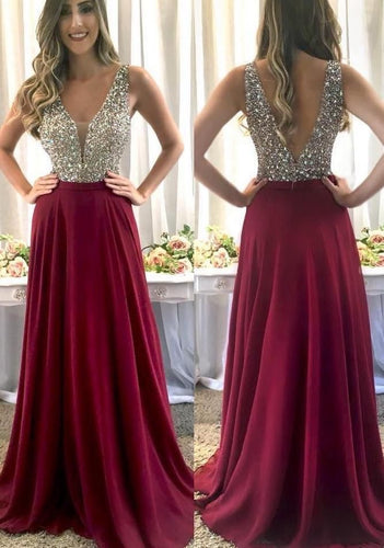 Sparkly V Neck Burgundy Long Prom Dresses with Rhinestone