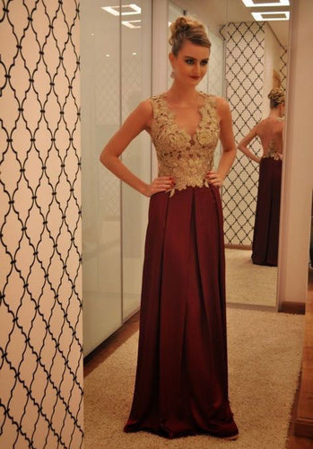 V Neck Long Prom Dresses with Gold Appliques Lace