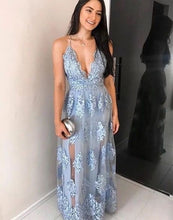 Load image into Gallery viewer, Spaghetti Straps Deep V Neck Prom Dresses with Appliques