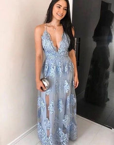 Spaghetti Straps Deep V Neck Prom Dresses with Appliques