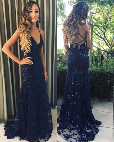 V Neck Mermaid Criss Cross Navy Blue Long Prom Dresses with Sequins