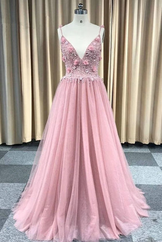 Spaghetti Straps Tullle Long Prom Dresses with 3D Flowers
