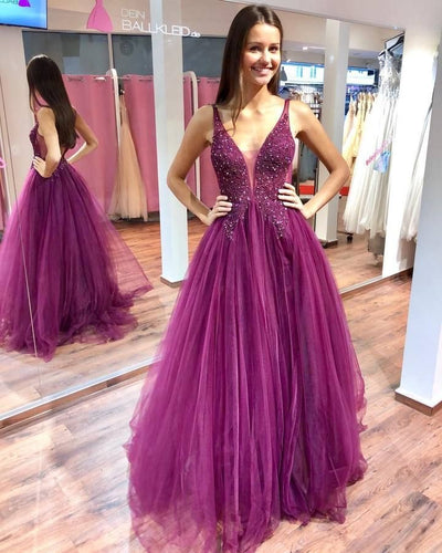 Grape V Neck Prom Dresses with Appliques Evening Gowns