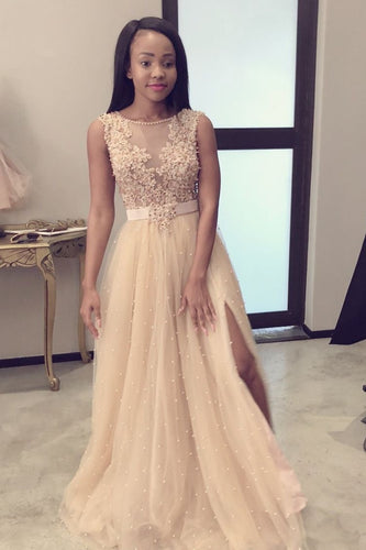 Round Tulle Long Prom Dresses with Pearls Appliques