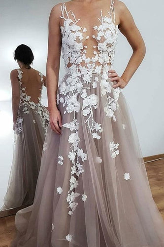 Sheer Neck Tulle Long Prom Dresses with Lace Appliques