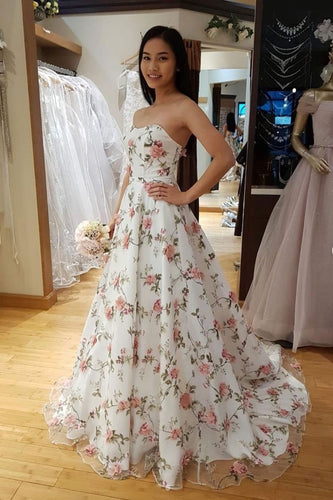 Strapless Floral Darden Long Prom Dresses for Women