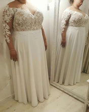 Laden Sie das Bild in den Galerie-Viewer, Plus Size V Neck Floor Length Wedding Dresses Bridal Gowns with Sleeves