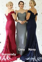 Load image into Gallery viewer, Off the Shoulder Mermaid Long Bridesmaid Dresses with Appliques Lace