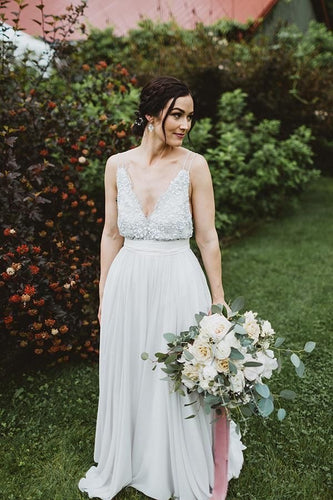 Double Straps Two Piece Wedding Dresses Bridal Gowns with Rhinestones