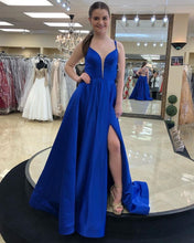 Load image into Gallery viewer, Spaghetti Straps Royal Blue Prom Dresses with Slit Side