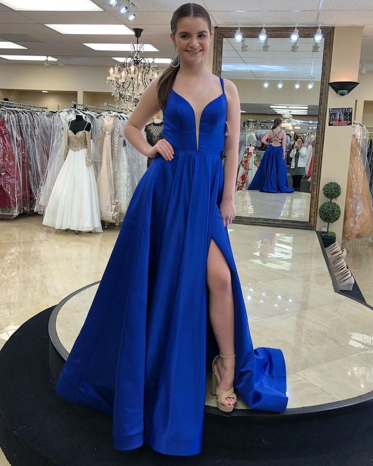 Spaghetti Straps Royal Blue Prom Dresses with Slit Side