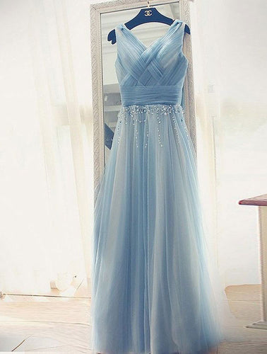 Elegant V Neck Tulle Prom Dresses Long with Beaded