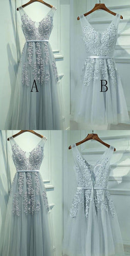Ice Blue V Neck Tulle Prom Dresses with Appliques