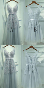 Ice Blue V Neck Tulle Prom Dresses with Appliques