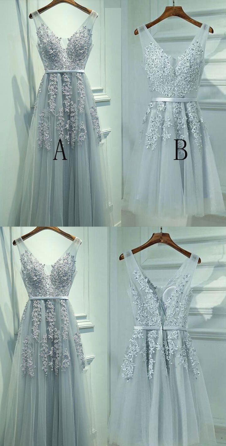 Ice Blue V Neck Tulle Prom Dresses with Appliques