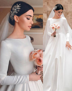 Soild Wedding Dresses Bridal Gown Satin with Full Sleeves