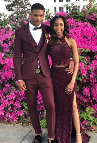 High Neck Lace Two Piece Prom Dresses with Slit Side