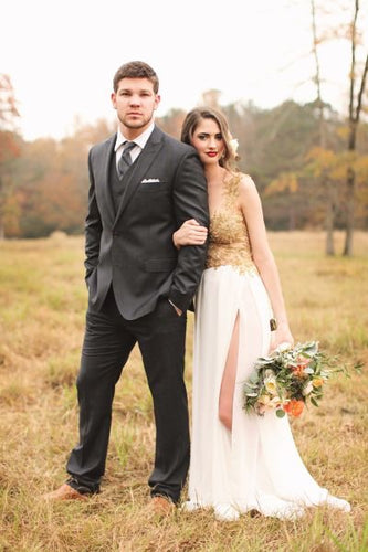 Elegant Slit Side Wedding Dresses Bridal Gown with Gold Appliques