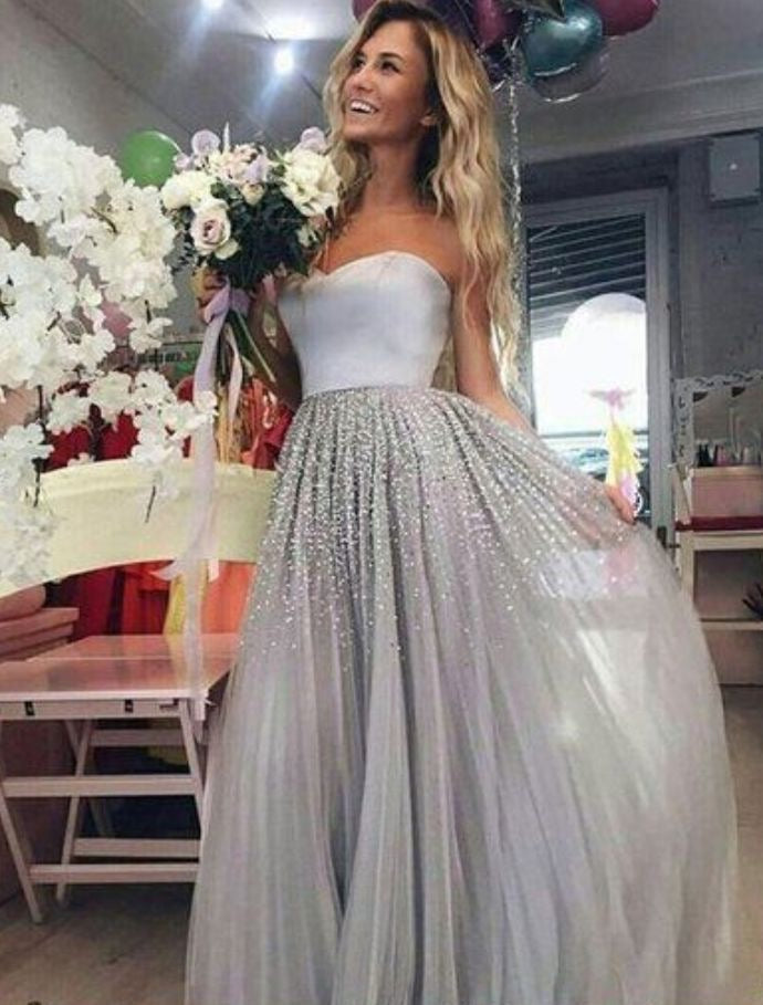 Strapless Grey Tulle Long Prom Dresses with Sequins