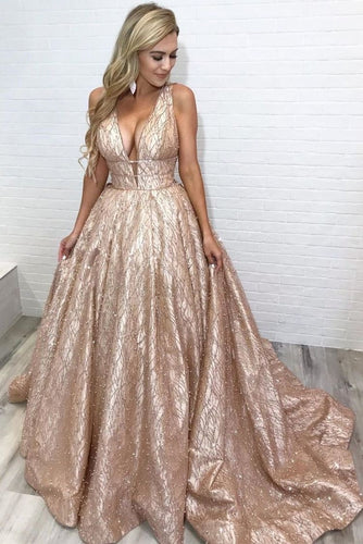 Sparkly V Neck Long Prom Dresses for Women