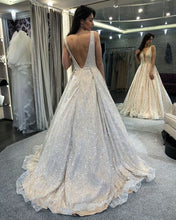 Load image into Gallery viewer, Sparkly Deep V Neck Wedding Dresses Bridal Gowns