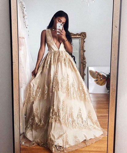 Deep V Neck Prom Dresses with Appliques for Women