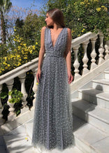 Load image into Gallery viewer, Deep V Neck Tulle Long Prom Dresses with Pearls