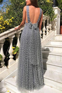 Deep V Neck Tulle Long Prom Dresses with Pearls