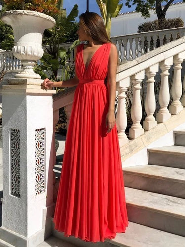 Deep V Neck Red Long Prom Dresses Under 100