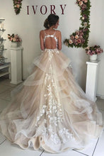 Laden Sie das Bild in den Galerie-Viewer, Spaghetti Straps Champagne Wedding Dresses Bridal Gowns with Appliques