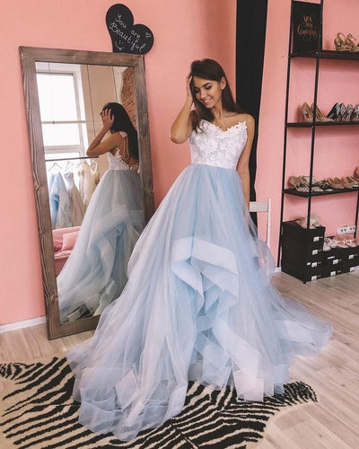 Sky Blue Prom Dresses Tulle Dress with Lace
