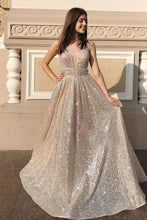 Load image into Gallery viewer, Sparkly V Neck Long Prom Dresses Evening Gowns