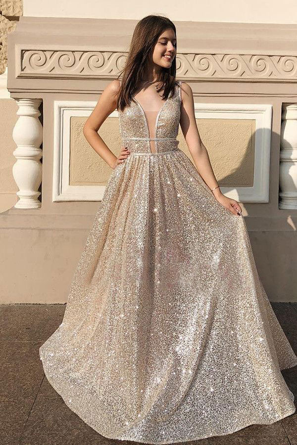 Sparkly V Neck Long Prom Dresses Evening Gowns