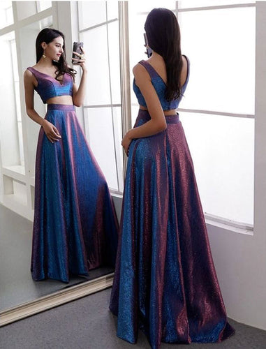 V Neck Two Piece Long Prom Dresses for Women