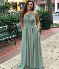 Load image into Gallery viewer, One Shoulder Sage Bridesmaid Dresses under 100